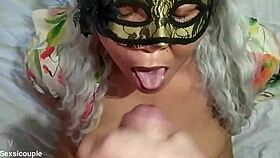 Amateur performs blowjob and cumshots on ebony hotwife in interracial cuckold scene.