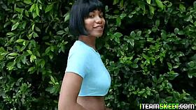 A black woman have a ejaculation on her big busts after having sexual intercourse with a white man in the doggy position while having throat fuck