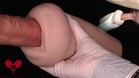 There is a lady in a white latex mask with gloves for me and I have to cum in a lifelike humiliation hole