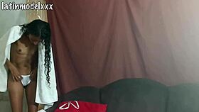 my skinny latina model showers and slips into a sexy costume