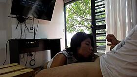 Latina couple invites sucking and cowgirl riding at home