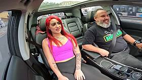 Latina with big ass tongue kisses tattooed pierced tits in public car