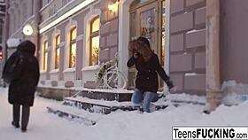 Teen brunette stasya feels warm from anal sex on cold day.