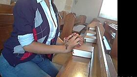 horny german amateur masturbates with dildo in church