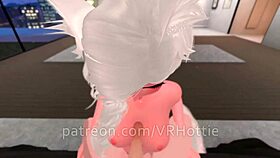 Cat girl deepthroats cum in mouth during lap dance.