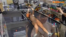 Muscular ebony bodybuilder chick gets slammed with monster cock at pawnshop.