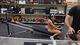 Muscular ebony bodybuilder chick gets slammed with monster cock at pawnshop.
