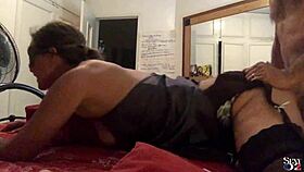 French amateur in satin nightie passionately fucks with garter belt, heels, stockings, dirty talk, doggystyle, rimming, and blindfold