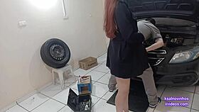 Horny boss with desire provokes mechanic alone in the workshop