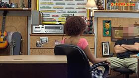 in the pawn shop, a busty woman gets her pussy pounded by the man behind the counter, hidden cam captures it all
