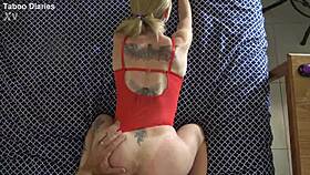 Hot blonde milf gets fucked doggystyle in pov with lingerie on. Her tattoo shines through