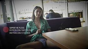 Oh wow, public flashing upskirt at cafe with no panties!