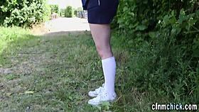 British babes participate in an outdoor CFNM session