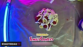 a european amateur crushes food with dirty feet in sneakers