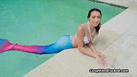 By the pool, a wet mermaid rides a monster cock passionately