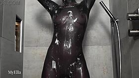Watch Me Get Soaking Wet In This Shiny Catsuit Under The Shower.