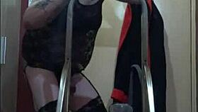 bisexual sissy in heels savors his own piss from a ladder