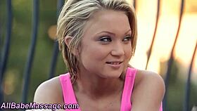 Buxom blonde babe receives outdoor oral sex