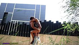 Searching for a secret spot to fuck hard outside with cum in mouth