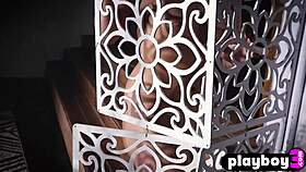 beautiful blonde model lindsay marie strips in black lingerie