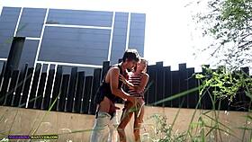 Searching for a secret spot to fuck hard outside with cum in mouth