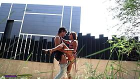 Searching for a secret spot to fuck hard outside with cum in mouth