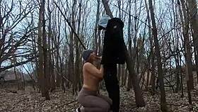 topless thick girl sucks cock in the park with her big tits out