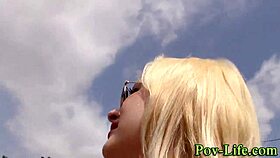 teen babe gets her face spunked in pov with big cock handjob.