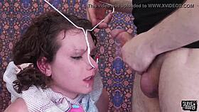 Brunette Submissive Licks Master's Cock Before Rough Cum Shower!