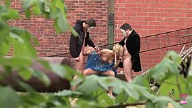 hey, watch this smoking hot blonde babe handle threesome blowjobs outdoors!