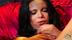 After deepthroating their two cocks, the busty brunette gets double penetration