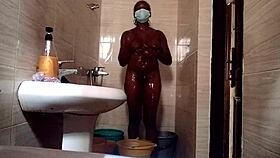 in the shower, kuzy gets nasty with her sexy ebony body