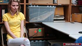 petite shoplifter gets caught by the security officer in the store