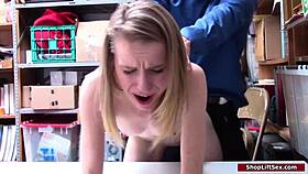 petite shoplifter gets caught by the security officer in the store