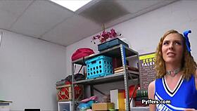 Cheerleader gives blowjob in office