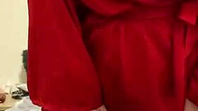 brunette in red lingerie plays with herself