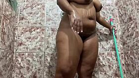 Beautiful woman without a top in the restroom