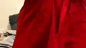 brunette in red lingerie plays with herself