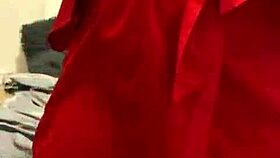 brunette in red lingerie plays with herself