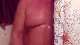 playing with my big monster cock in the shower bathing ass