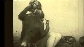 vintage beauty gets bent over for hairy doggystyle fuck in outdoor antique setting