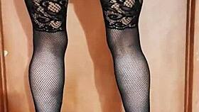 I watch my MILF wife masturbatin' her pussy in stockings