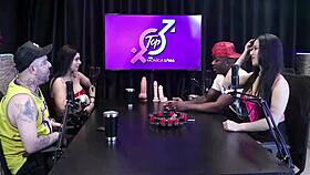 Two hot women kiss, making his monster cock hard for a blowjob.