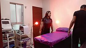 sexy latina lets the masseur fuck her pussy in a homemade deepthroat session