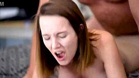 the husband surprises his wife with a quick raw fuck from behind, ending in a creampie