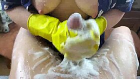 Hot housewife washes cock in kitchen until cum