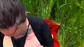 deep throating pov blowjob in outdoor field with big tits