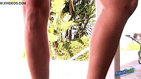 Naughty female firefighter teases and performs a hot striptease outdoor