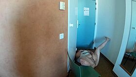 playing with nipples and giving oral to the chubby woman in a hotel room