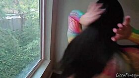 Deep blowjob to my stepbrother! In the window!